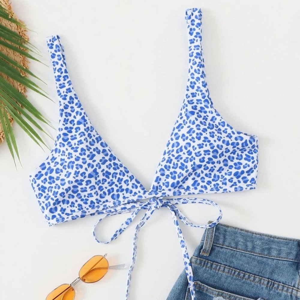 Shein Blue Leopard Tie Back Bikini Top - Small